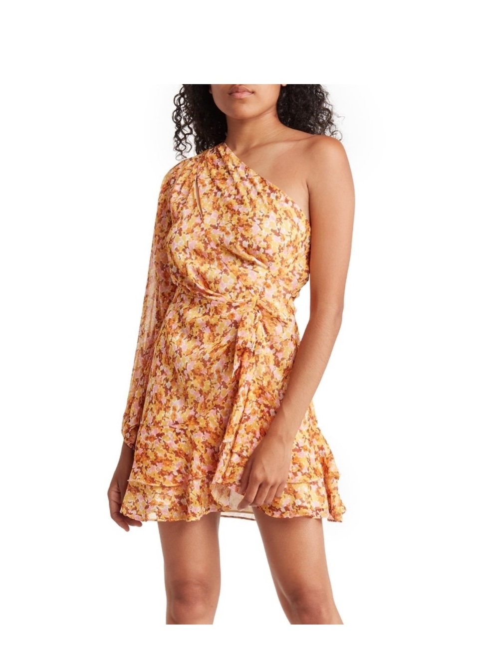 Lush One-Shoulder Floral Mini Dress in Orange and Pink, Size XS